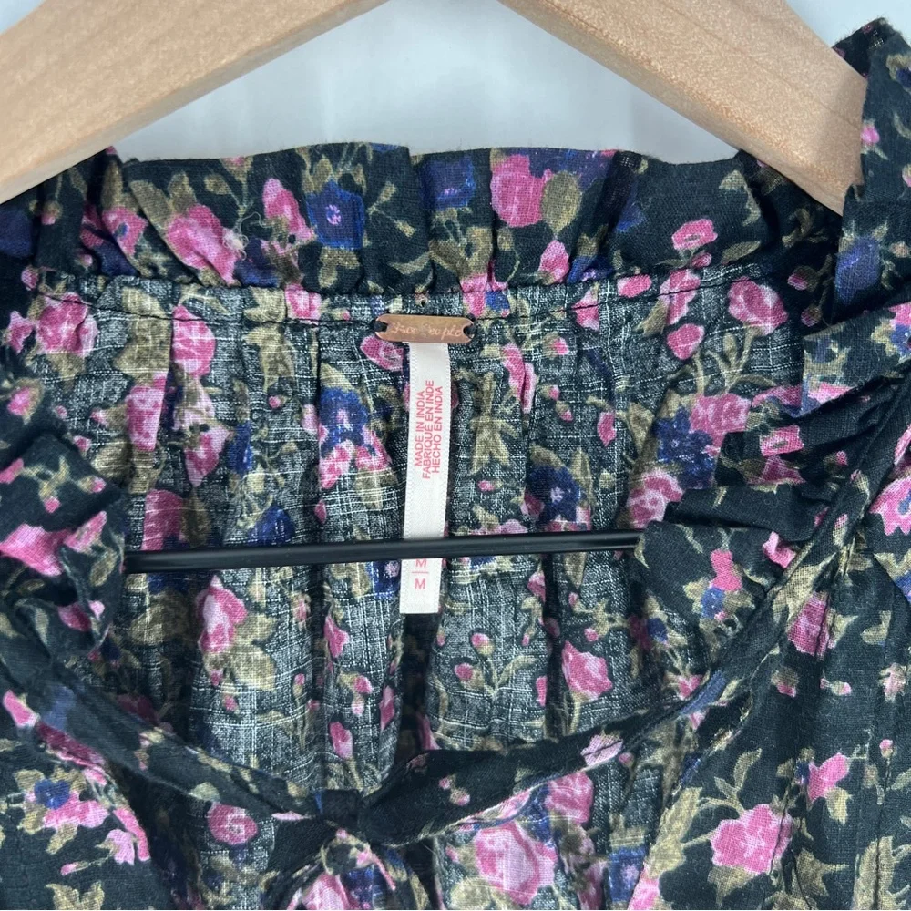 Free People Meant To Be Black Floral Print‎ Full Mutton Sleeve Peasant Blouse M